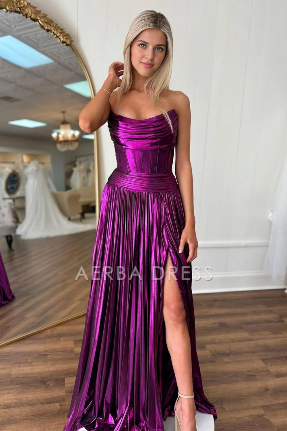 AERBA DRESS Formal Wear Dresses A-Line Strapless Long Pleated Metallic With Slit Fashion Prom Dress