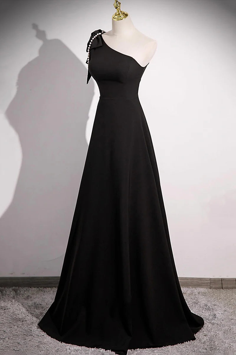 Black A-Line One Shoulder Bow Bead string Elegant Long Prom Dresses Formal Graduation Dress Evening Dresses