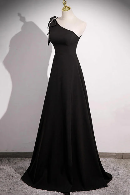 Black A-Line One Shoulder Bow Bead string Elegant Long Prom Dresses Formal Graduation Dress Evening Dresses