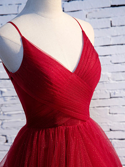 AerbaDress Long Evening Dresses A line Red Ruffles Spaghetti Straps V Neck Prom Dresses Backless