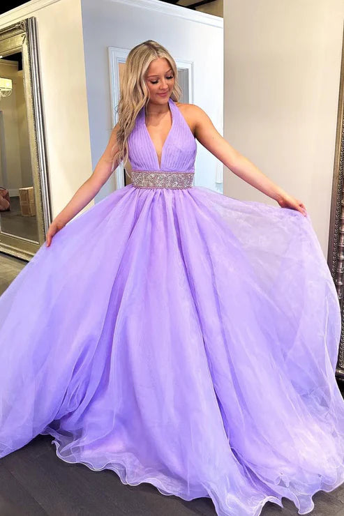 AerbaDress A-Line Evening Dress Halter Lilac Long Organza Prom Dresses
