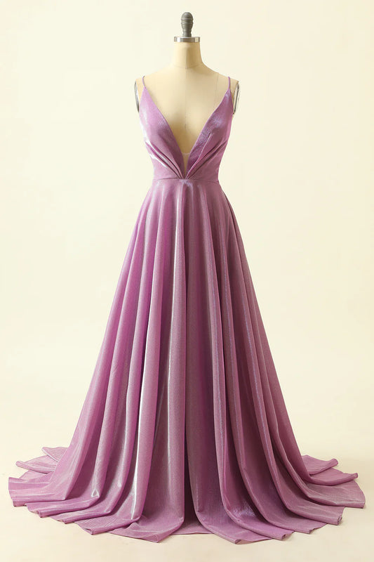 AerbaDress Purple V-neck Sparkly Prom Dress