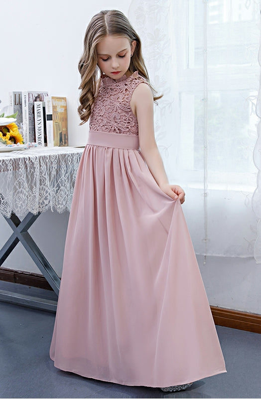 Girls' Formal Dress Exquisite A Line Sleeveless Lace Chiffon Girls Birthday Gown Long Hot Sale Junior Bridesmaid Dress