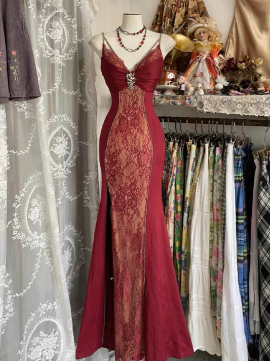 AERBA DRESS Prom Dress Mermaid V Neck Spaghetti Strap Lace Vintage Elegant Formal Wear Dresses