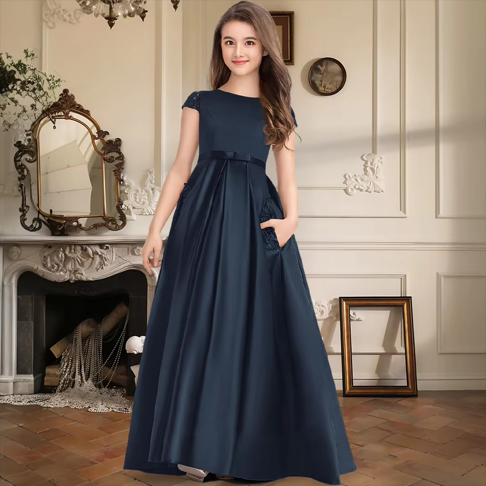 Girls' Formal Dress Elegant A Line Scoop Floor-Length Satin Lace With Bow Wedding Party Dress Hot Sale Junior Bridesmaid Dress