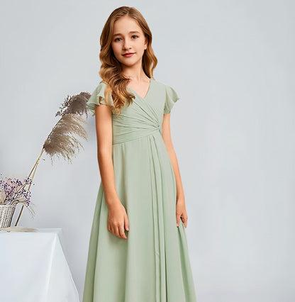 Girls' Formal Dress Elegant A-Line V-Neck Asymmetrical Charming Party Wedding Guest Dress Hot Sale Junior Bridesmaid Dress