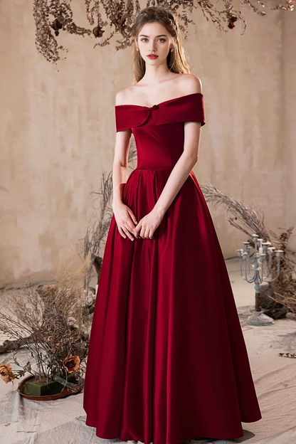Burgundy Satin A-Line Off the Shoulder Sleeveless Ruched Hem Elegant Long Prom Dresses Formal Graduation Dress Evening Dresses