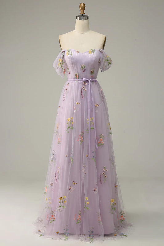 AerbaDress Lavender A Line Tulle Off Shoulder Prom Dress