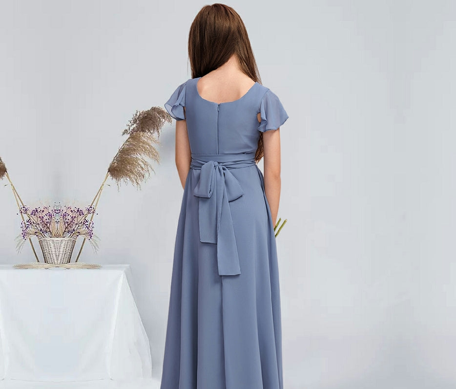 Girls' Formal Dress A-Line Square Neck Flowy Sleeve Floor-Length Chiffon Communion Dress Hot Sale Junior Bridesmaid Dress