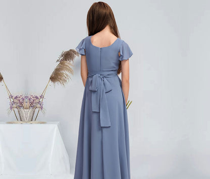Girls' Formal Dress A-Line Square Neck Flowy Sleeve Floor-Length Chiffon Communion Dress Hot Sale Junior Bridesmaid Dress