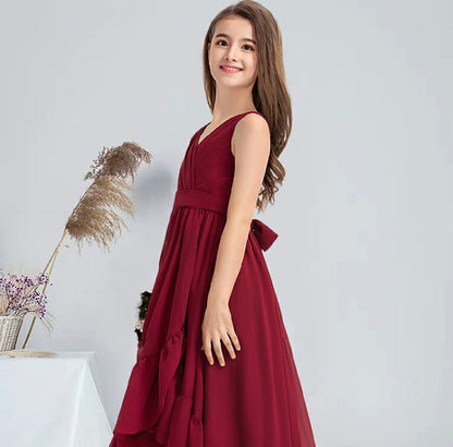Exquisite A-line V-Neck Sleeveless Asymmetrical Chiffon Pleated Girl Party Communion Guest Dresses Junior Bridesmaid Dress