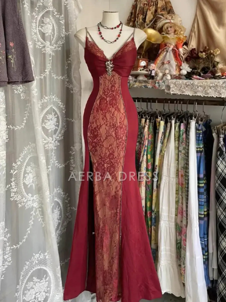 AERBA DRESS Prom Dress Mermaid V Neck Spaghetti Strap Lace Vintage Elegant Formal Wear Dresses