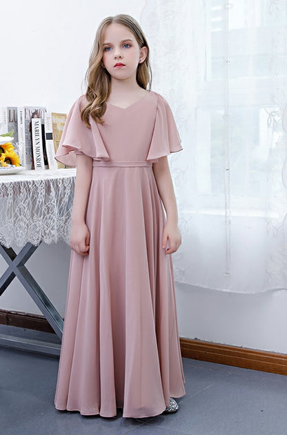 Girls' Formal Dress Elegant A Line V Neck Flowy Sleeves Long Chiffon Pleats Birthday Party Gowns Hot Sale Junior Bridesmaid Dress