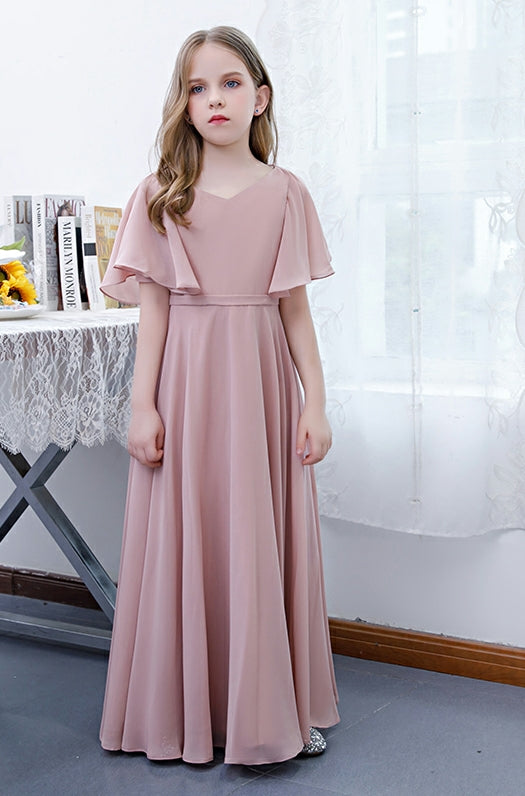 Girls' Formal Dress Elegant A Line V Neck Flowy Sleeves Long Chiffon Pleats Birthday Party Gowns Hot Sale Junior Bridesmaid Dress