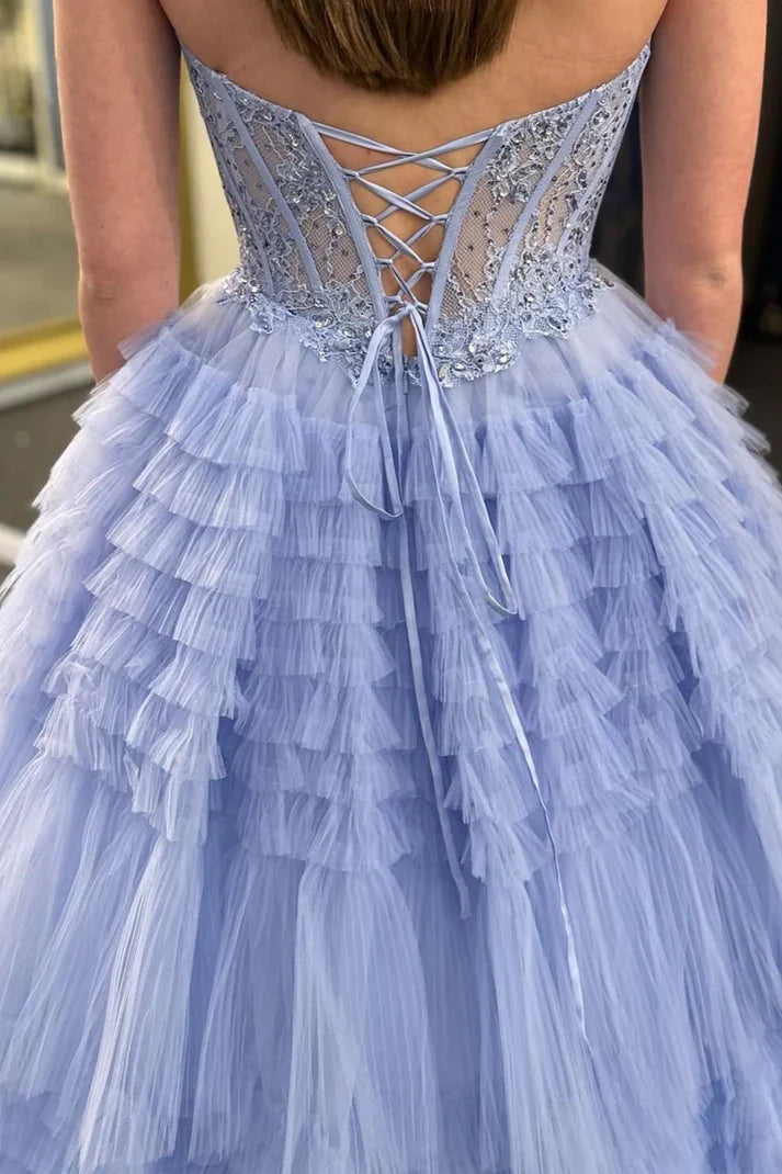 AerbaDress A-Line Evening Dress Ruffle Tiered Tulle Long Prom Dresses with Appliques