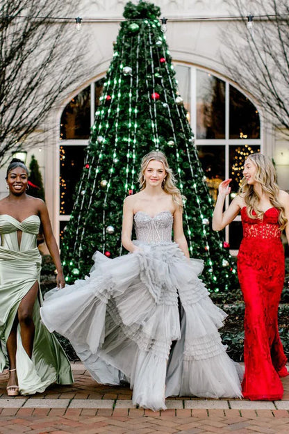 AerbaDress Fashion Light Grey Long Sweetheart Ruffle Tiered Prom Dresses