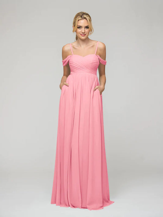 Cold Shoulder Chiffon Bridesmaid Dresses With Draped Bodice