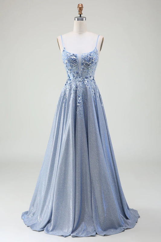 AerbaDress Glitter A-Line Spaghetti Straps Grey Blue Prom Dress