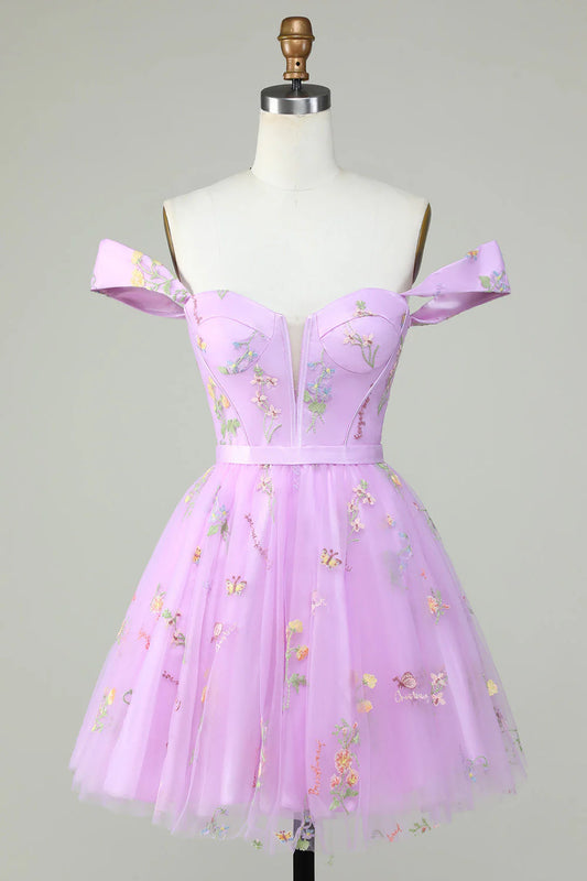 AerbaDress Cute A Line Sweetheart Purple Short Homecoming Dress with Embroidery
