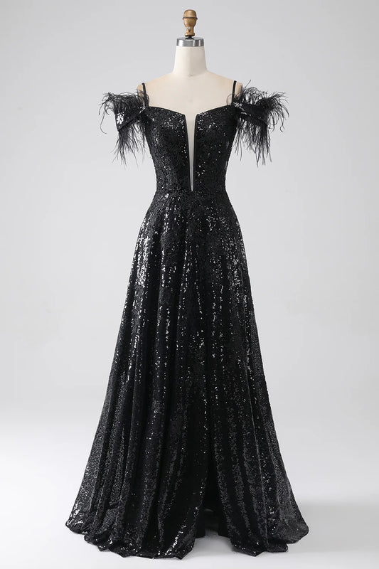 AerbaDress A-Line Cold Shoulder Sequins Long Prom Dress with Slit