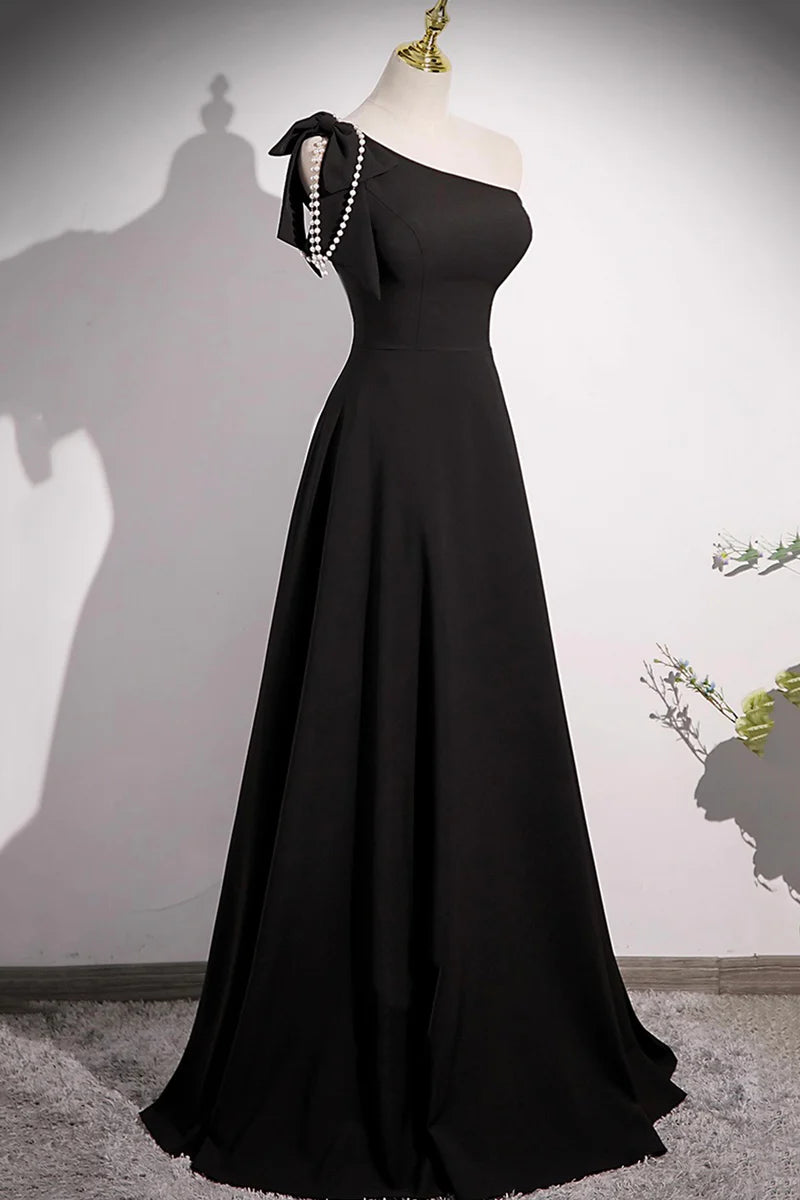 Black A-Line One Shoulder Bow Bead string Elegant Long Prom Dresses Formal Graduation Dress Evening Dresses