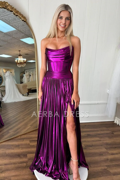 AERBA DRESS Formal Wear Dresses A-Line Strapless Long Pleated Metallic With Slit Fashion Prom Dress