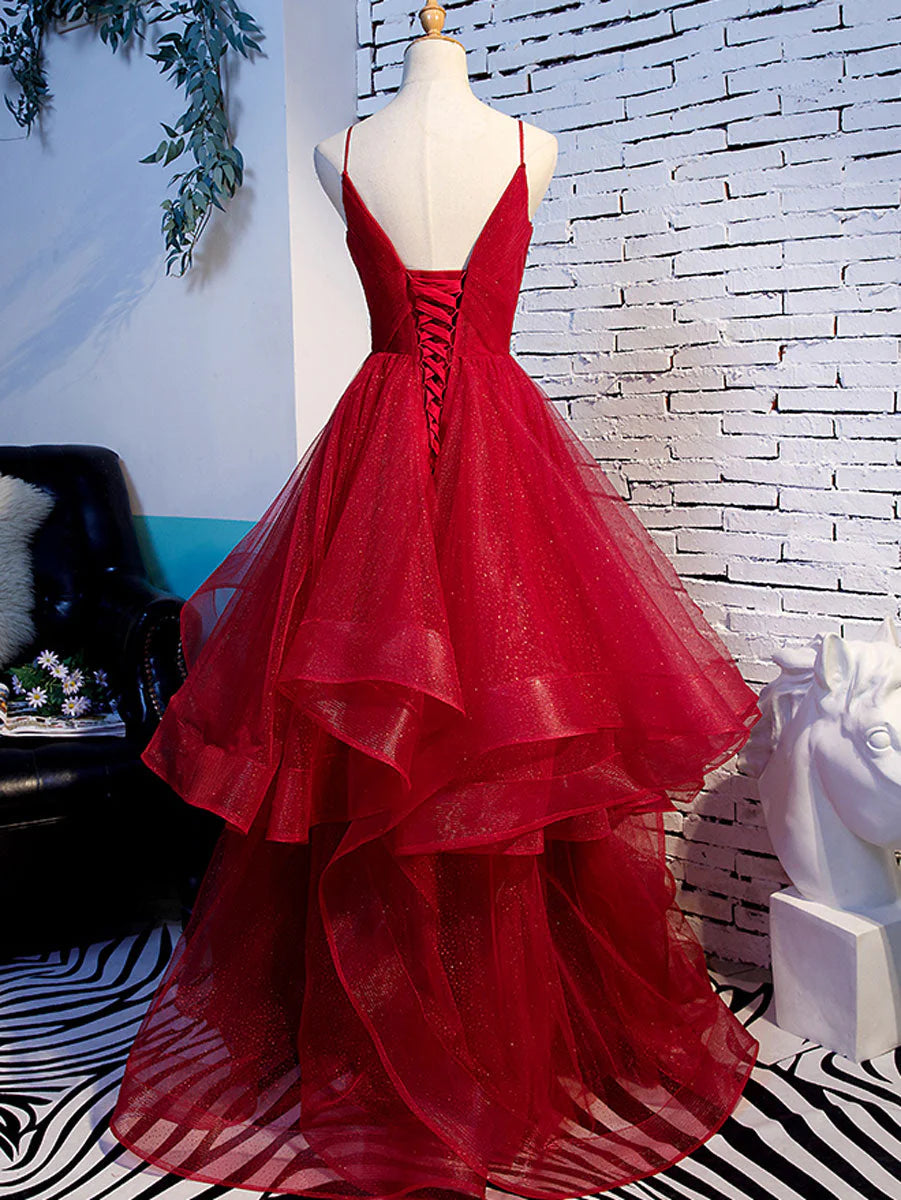 AerbaDress Long Evening Dresses A line Red Ruffles Spaghetti Straps V Neck Prom Dresses Backless