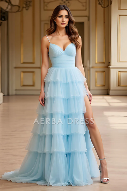 AERBA DRESS Formal Wear Dresses Romantic A Line Spaghetti Straps Sweetheart Backless Ruched Tiered Long With Slit Prom Dress
