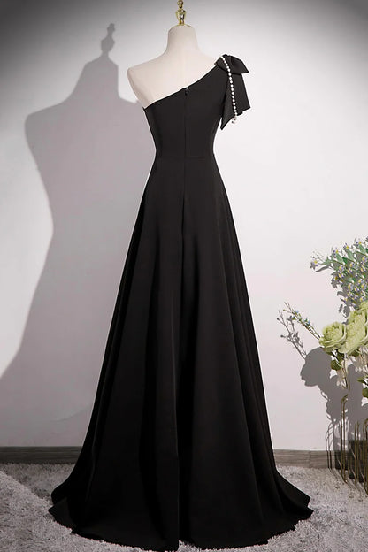Black A-Line One Shoulder Bow Bead string Elegant Long Prom Dresses Formal Graduation Dress Evening Dresses