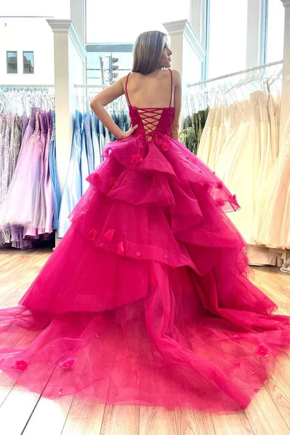 AerbaDress Elegant Hot Pink Evening Dress Tiered Tulle Long Sweetheart Prom Dresses with Appliques