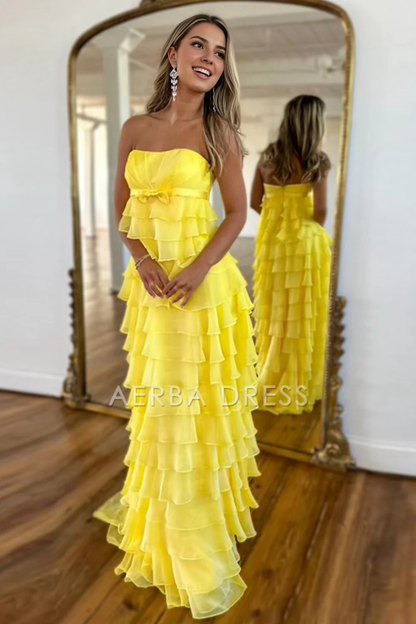 AERBA DRESS Formal Wear Dresses Lovely A-Line Strapless Zipper Back Long Ruched Tiered Exquisite Prom Dress