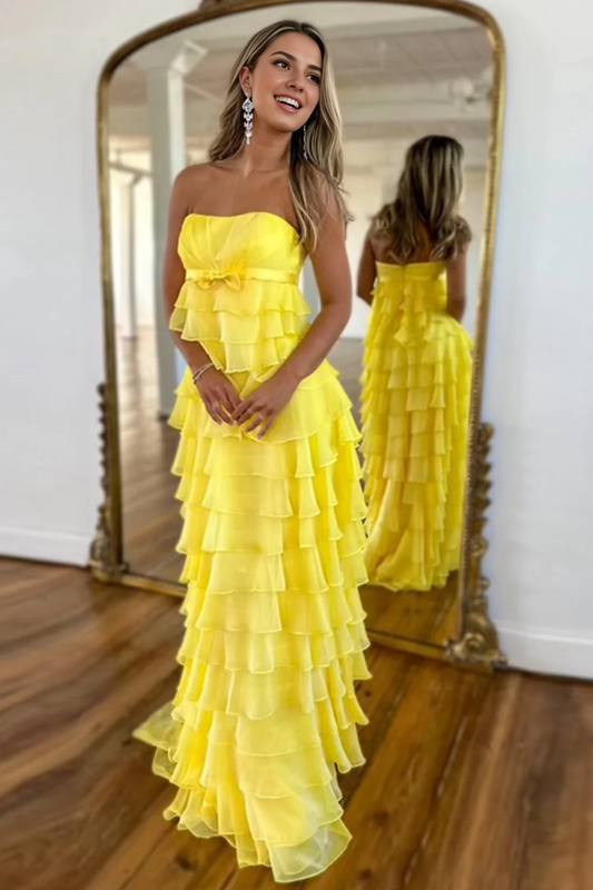 AERBA DRESS Formal Wear Dresses Lovely A-Line Strapless Zipper Back Long Ruched Tiered Exquisite Prom Dress