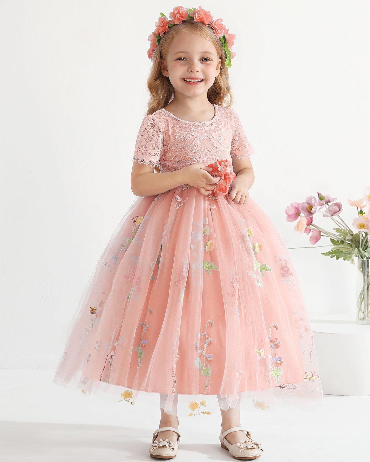 AERBA DRESS Wedding Flower Girl Dresses Lace Back V-Neck Dress Full-Length Floral Embroidered Tulle Dresses