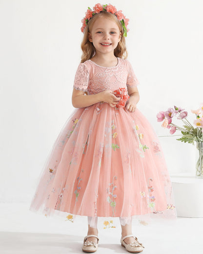 AERBA DRESS Wedding Flower Girl Dresses Lace Back V-Neck Dress Full-Length Floral Embroidered Tulle Dresses