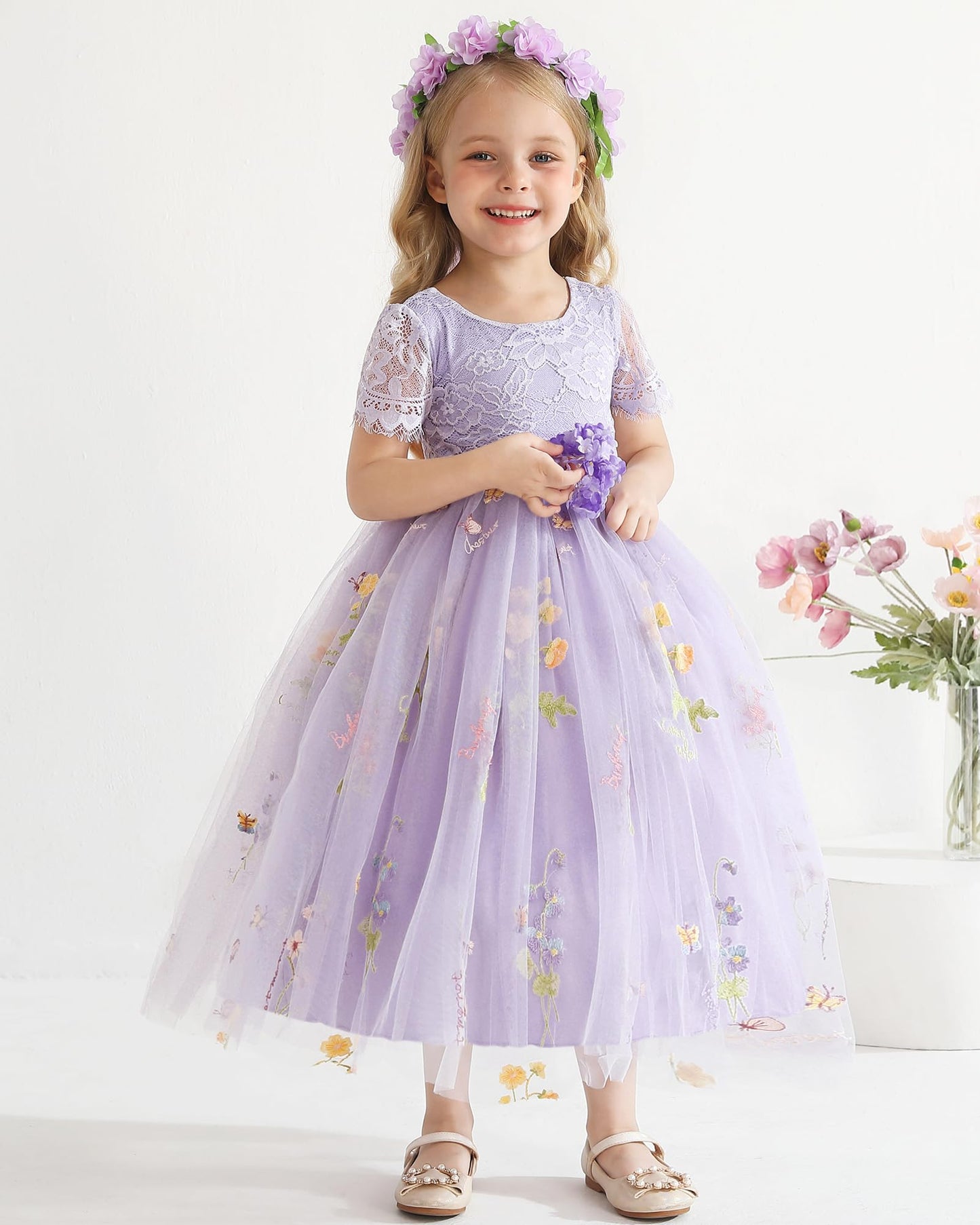 AERBA DRESS Wedding Flower Girl Dresses Lace Back V-Neck Dress Full-Length Floral Embroidered Tulle Dresses