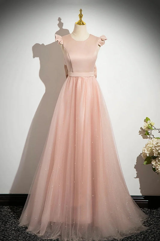 Elegant Pink Satin Tulle A Line Round Neck Sleeveless Beadwork Back Waist Bow Beautiful Long Prom Dresses Formal Graduation Dress Evening Dresses