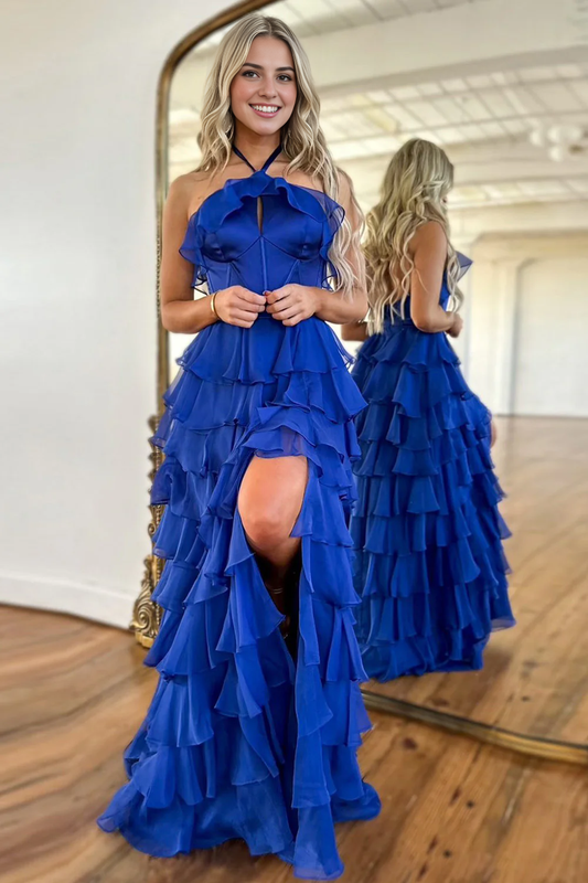 AERBA DRESS Formal Wear Dresses Cute A-Line Halter Neck Long Tiered With Slit Elegant Prom Dress