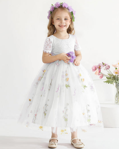AERBA DRESS Wedding Flower Girl Dresses Lace Back V-Neck Dress Full-Length Floral Embroidered Tulle Dresses