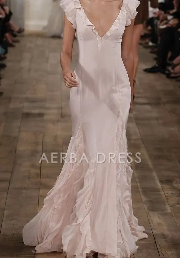 AERBA DRESS Prom Dress Mermaid V Neck Ruffle Long Elegant Fashion Formal Wear Dresses