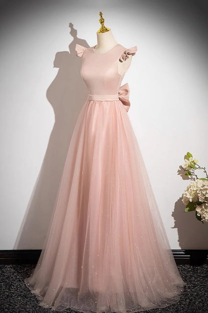 Elegant Pink Satin Tulle A Line Round Neck Sleeveless Beadwork Back Waist Bow Beautiful Long Prom Dresses Formal Graduation Dress Evening Dresses