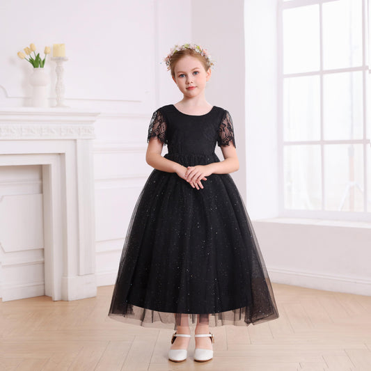 AERBA DRESS Wedding Flower Girl Dresses Lace Back V-Neck Dress Full-Length Sparkle Tulle Dresses