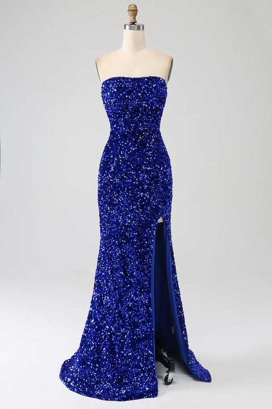 AerbaDress Red Strapless Sequins Long Mermaid Prom Dress With Slit