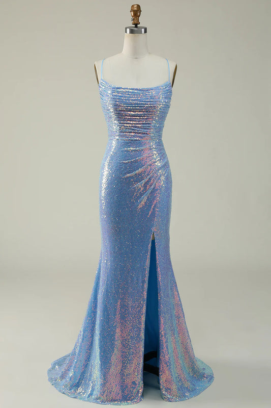 AerbaDress Blue Sequined Spaghetti Straps Mermaid Prom Dress
