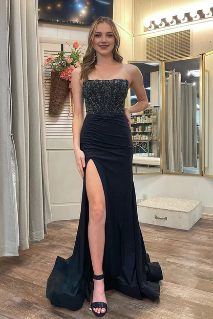 AerbaDress Fashion Black Evening Dress Strapless Beaded Mermaid Long Prom Dresses