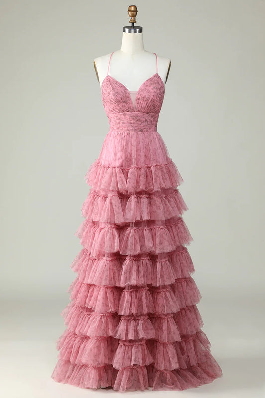 AerbaDress A Line Spaghetti Straps Layered Pink Tulle Prom Dress with Floral Printed