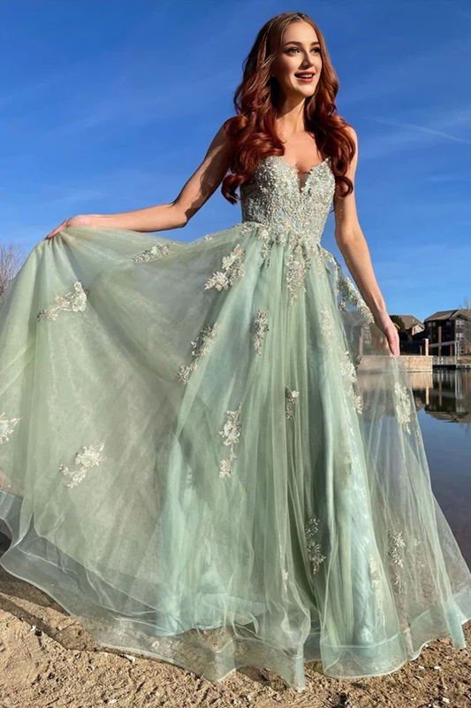 AerbaDress A Line Evening Dress Mint Green Tulle Prom Dresses With Appliques