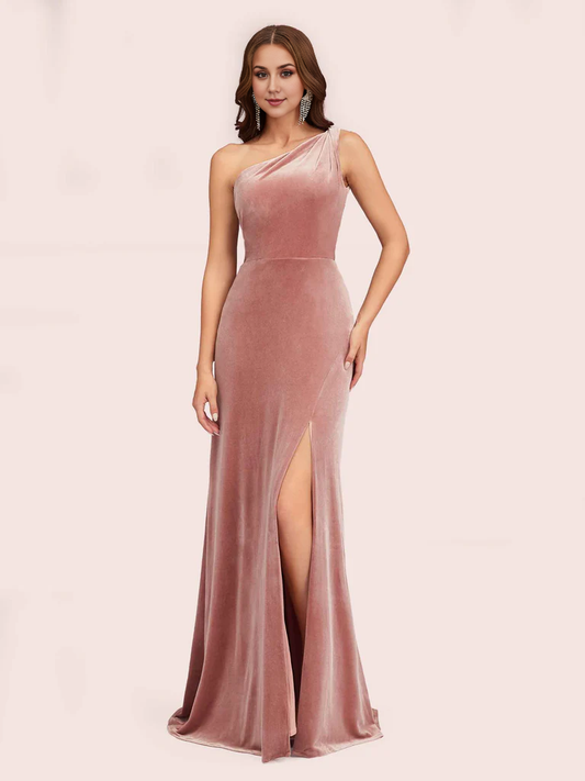 AerbaDress Bridesmaid Dresses Velvet One Shoulder Side Slit Sheath Online