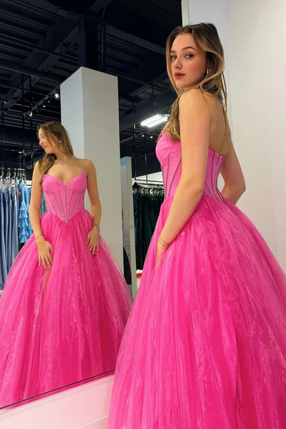 AerbaDress Fashion Pink Evening Dress Strapless Organza A-Line Long Prom Dresses