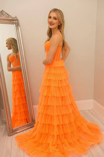 AerbaDress Fashion Orange Sweetheart Evening Dress Ruffle Tiered Tulle Long Prom Dresses