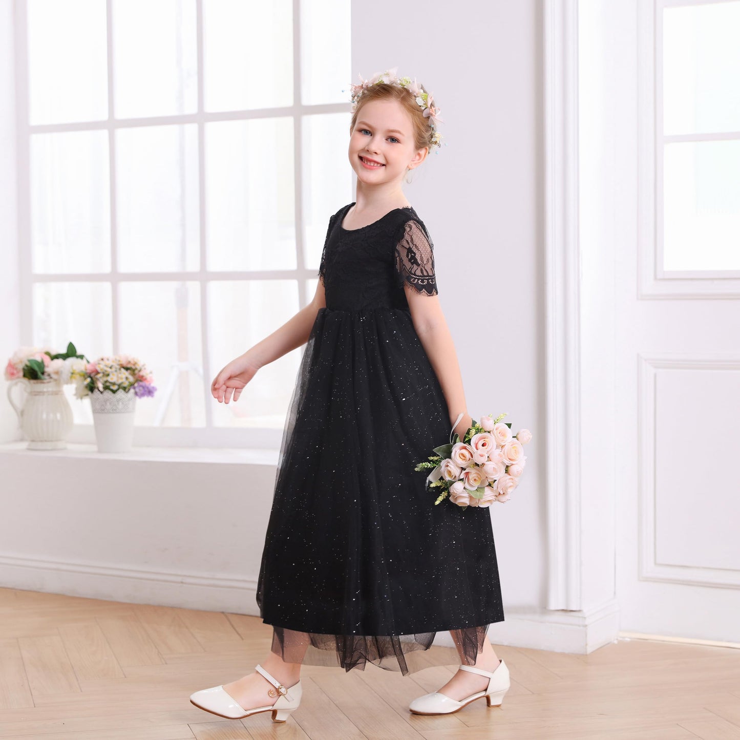 AERBA DRESS Wedding Flower Girl Dresses Lace Back V-Neck Dress Full-Length Sparkle Tulle Dresses